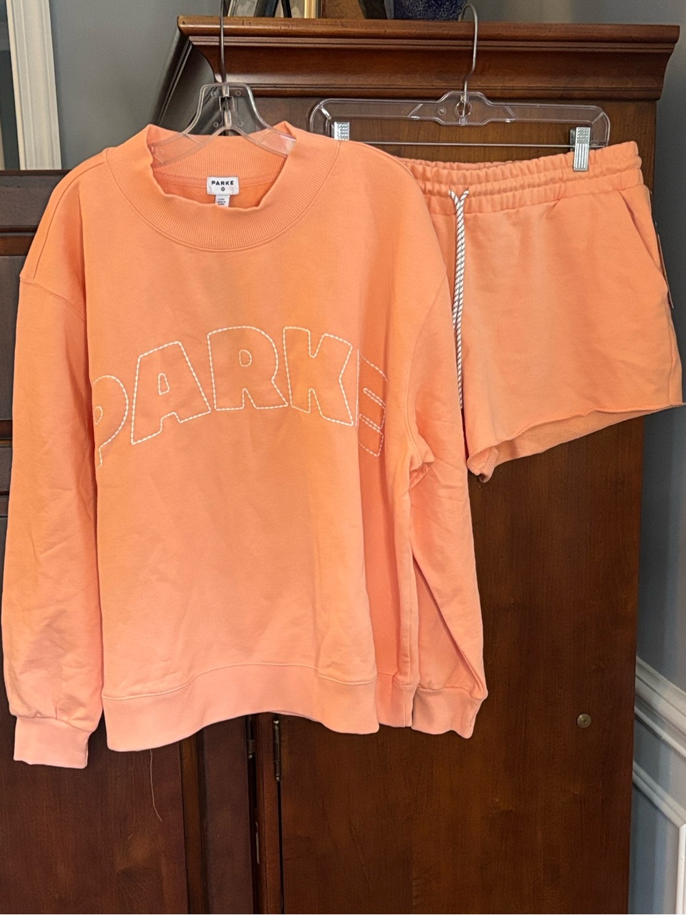 Parke x Target Oversized Mockneck Sweatshirt and Shorts Set, Peach Orange Color